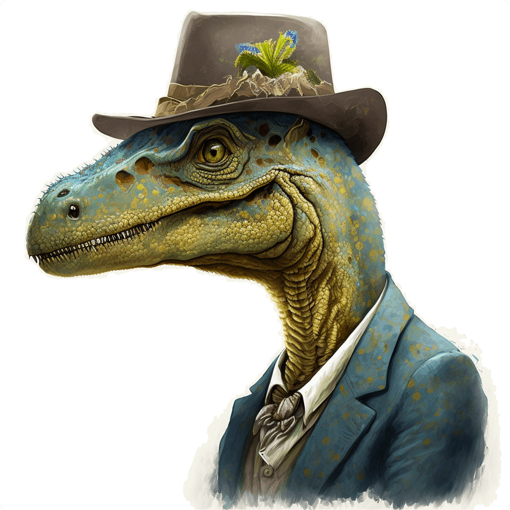A dinosaur wearing a hat, generated by Midjourney (an AI tool)